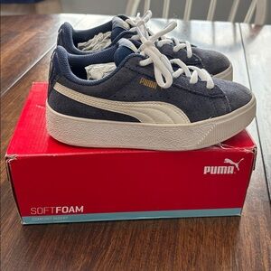 Puma Kids Dark Blue Suede Platform Sneakers with White Accents